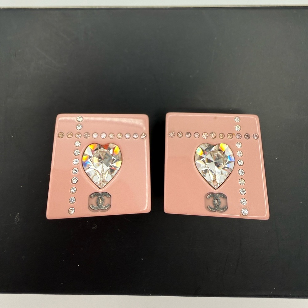 CHANEL Pink and Silver Heart Clip-On Earrings